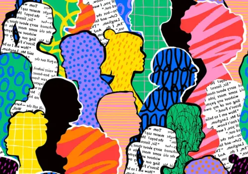 Bunte Collage mit überlappenden menschlichen Silhouetten mit verschiedenen Mustern, darunter Tupfen, Streifen, Gitter, Schnörkel und Abschnitte mit gedrucktem Text auf weißem Hintergrund.