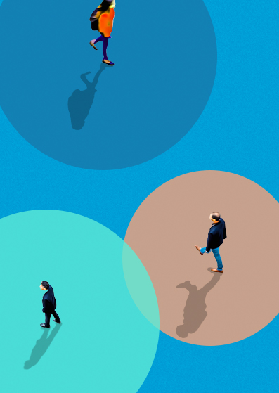 Ein minimalistisches Bild zeigt drei Personen, die auf einem blauen Hintergrund auseinander gehen, jede in einem sich überlappenden farbigen Kreis (blau, blaugrün und beige), der lange Schatten wirft.