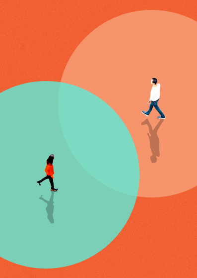 Illustration of a woman and a man walking away from each other within two overlapping circles, one green and one orange, on a red-orange background. Their shadows are visible beneath them.