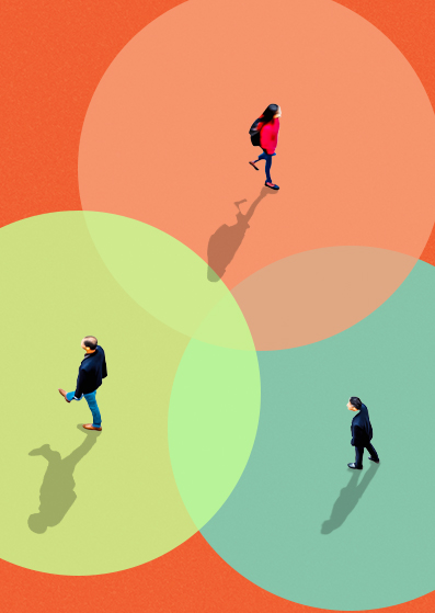 Three people walk in different directions on an orange surface with overlapping transparent circles of pink, green, and blue, each person standing inside a separate circle, casting distinct shadows.