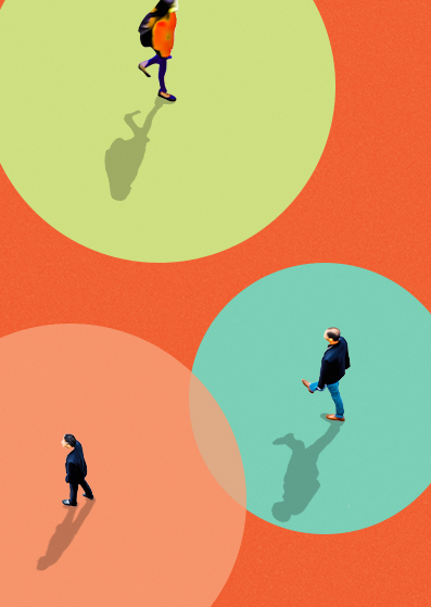 An overhead view of three people walking in different directions on a colorful background with large overlapping green, peach, and teal circles casting long shadows.