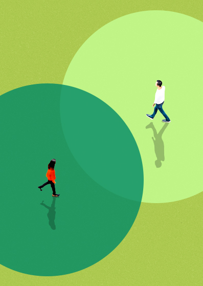 Illustration eines Mannes und einer Frau, die in entgegengesetzter Richtung über sich überlappende grüne Kreise auf einem hellgrünen Hintergrund gehen und beim Auseinandergehen Schatten werfen.