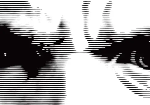 Schwarz-Weiß-Nahaufnahme zweier menschlicher Augen, stilisiert mit horizontalen Linien und hohem Kontrast, die eine abstrakte Ästhetik widerspiegelt.