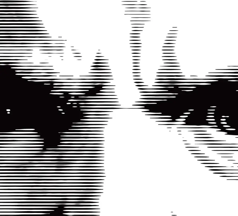 Schwarz-Weiß-Nahaufnahme zweier menschlicher Augen, stilisiert mit horizontalen Linien und hohem Kontrast, die eine abstrakte Ästhetik widerspiegelt.