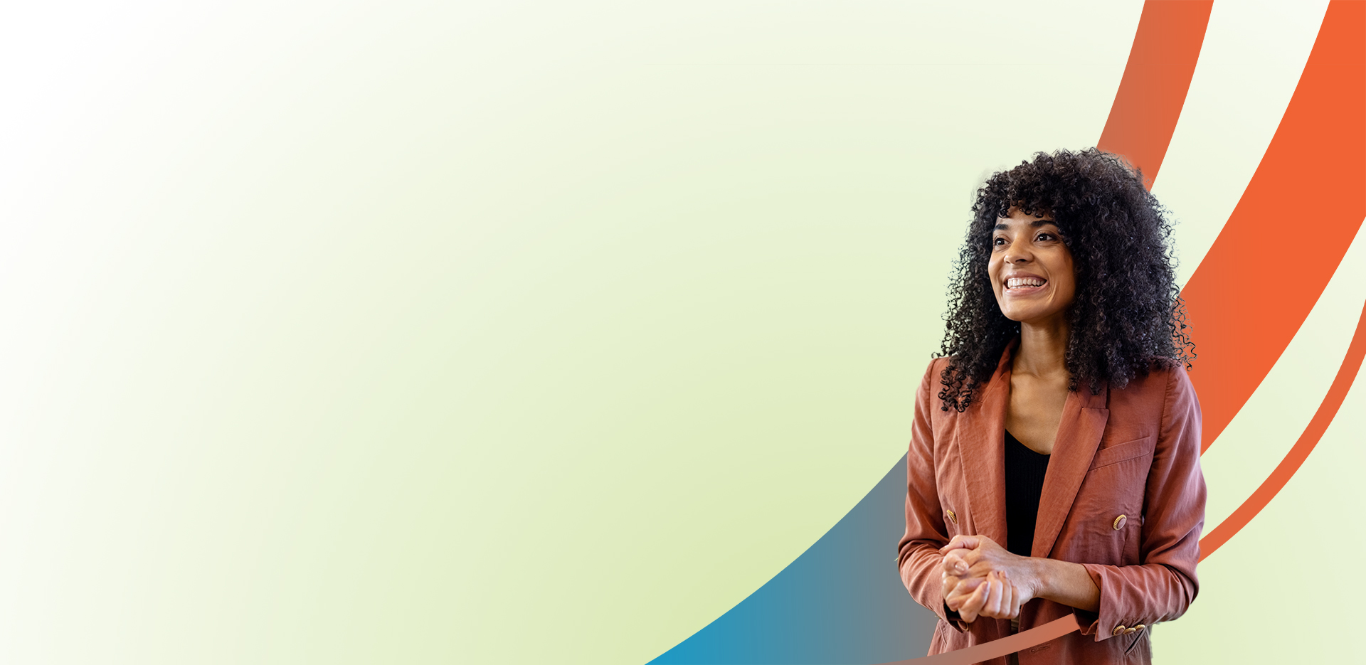 A smiling woman with curly hair wearing a brown blazer stands against a light background with curved orange, red, and blue lines on the right side.