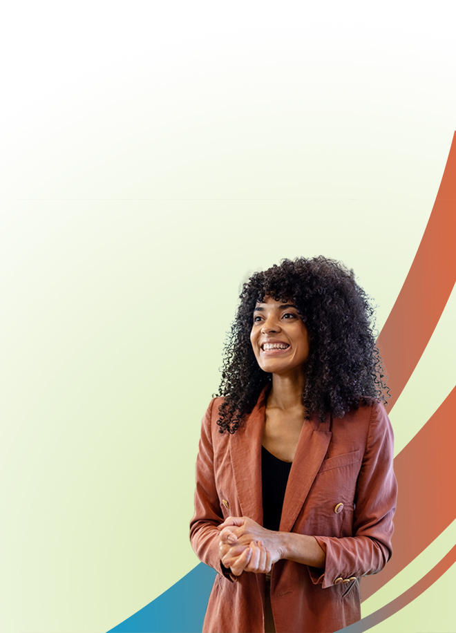 A woman with curly hair wearing a rust-colored blazer smiles and looks to the side. The background is light with curved blue, red, and green lines on the right side.
