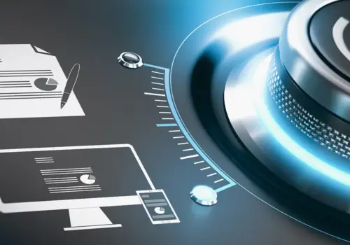 Eine digitale Illustration zeigt einen metallischen Drehknopf, der von einem blauen Licht umgeben ist, mit Symbolen von Dokumenten, einem Computermonitor und einem Smartphone - als Symbol für digitale Arbeitsabläufe und Datenmanagement und als Hinweis auf die Bedeutung von Digital Detox im Training.