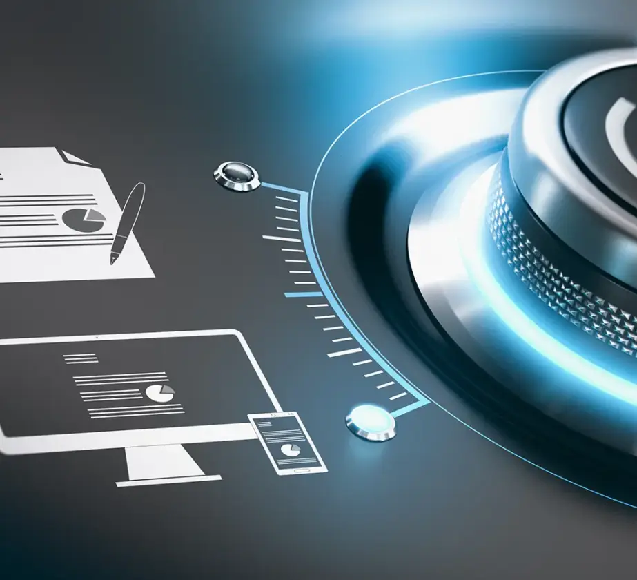 Eine digitale Illustration zeigt einen metallischen Drehknopf, der von einem blauen Licht umgeben ist, mit Symbolen von Dokumenten, einem Computermonitor und einem Smartphone - als Symbol für digitale Arbeitsabläufe und Datenmanagement und als Hinweis auf die Bedeutung von Digital Detox im Training.