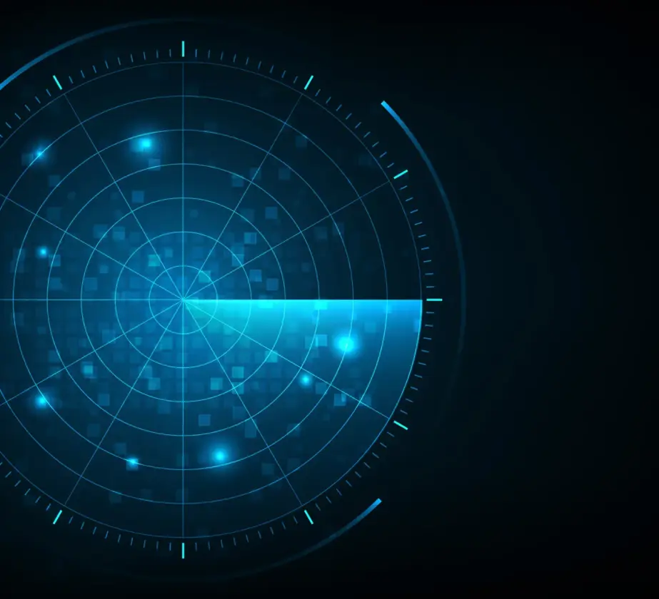 Blue radar screen with glowing dots, concentric circles, and grid lines against a dark background, displaying a scanning beam moving clockwise—symbolizing the process of recognizing learning needs in companies.