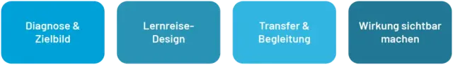 Vier blaue runde Rechtecke mit weißem Text, die in einer Reihe angeordnet sind. Die Texte lauten: Diagnose & Zielbild, Lernreise-Design, Coaching & Begleitung, und Wirkung sichtbar machen.